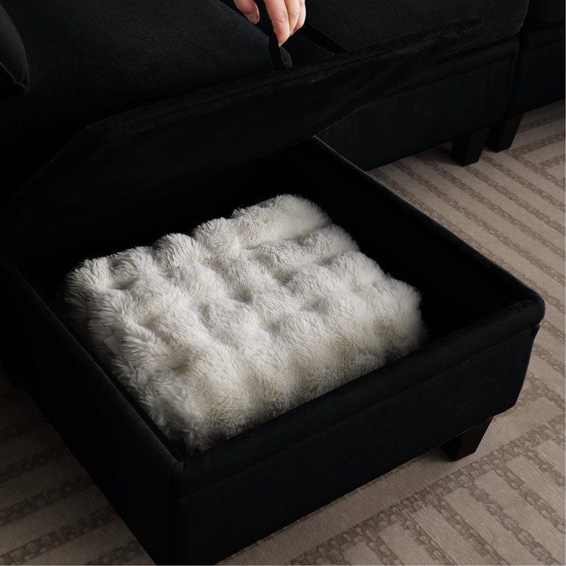 Canapé d'angle modulaire en chenille noire de 216 cm avec rangement, agencement à faire soi-même pour le salon, style contemporain, dossier divisé, accoudoirs carrés, structure en eucalyptus