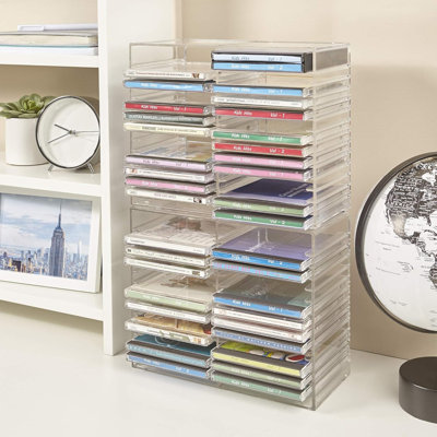 Organisateur de CD empilable en plastique transparent avec pattes en caoutchouc | Support rectangulaire pour boîtiers de CD, idéal pour une salle de cinéma maison | Peut contenir jusqu'à 30 boîtiers de CD