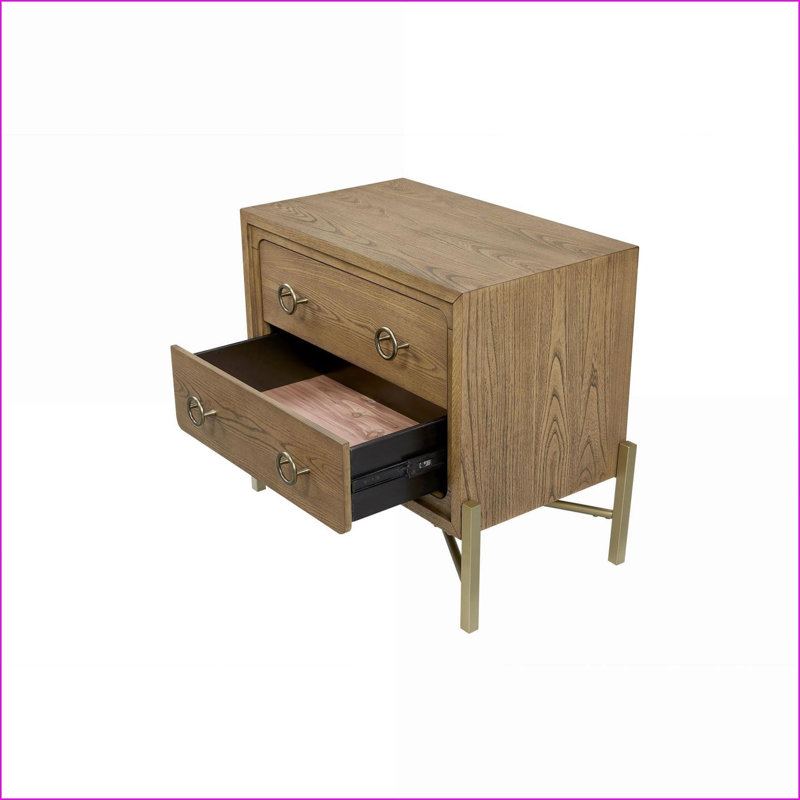 Table de chevet moderne à 2 tiroirs avec port USB, finition café au lait et base en métal