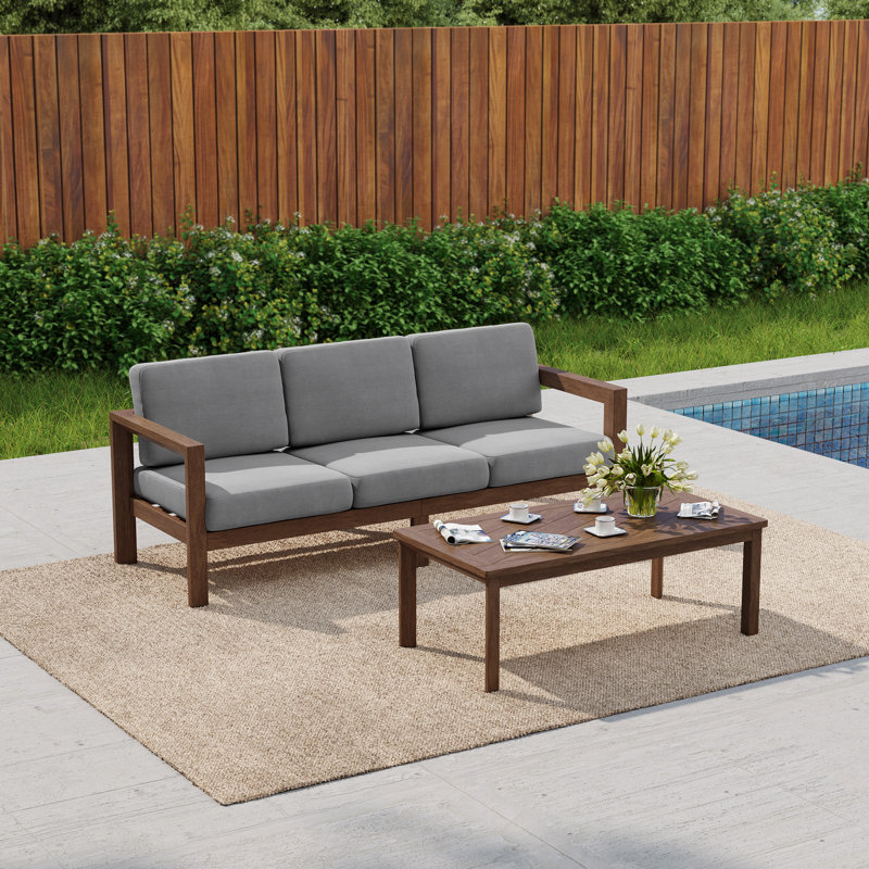 Ensemble de patio extérieur en bois massif pour trois personnes avec coussins et table basse, Gris clair
