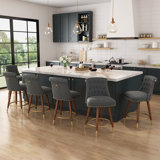 Swivel 24.00'' Counter Stool, Counter Height Bar Stools, 360°Swivel Upholstered Barstools with Back and Footrest for Kitchen Island, Solid Wood Legs