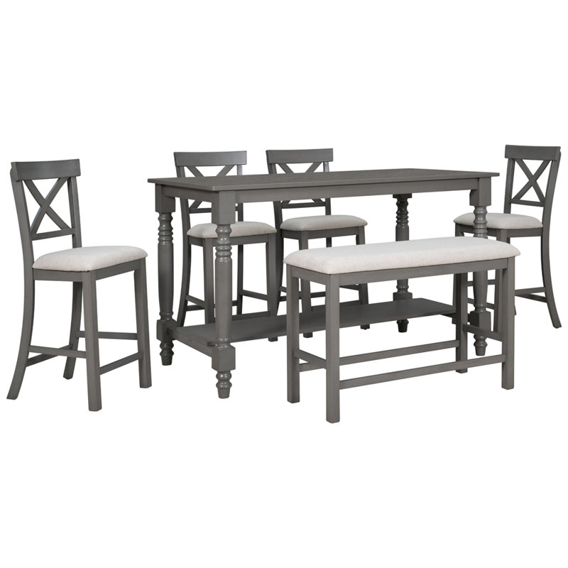 6-Piece Counter Height Dining Table Set Table with Shelf 4 Chairs and Bench for Dining Room, Gris