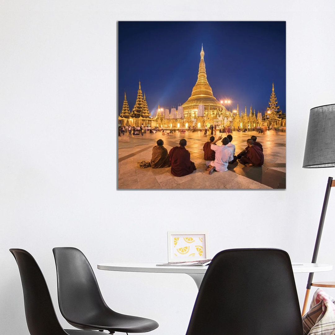 Group Of Buddhist Monks In Front Of The Golden Shwedagon Pagoda In Yangon, Myanmar
