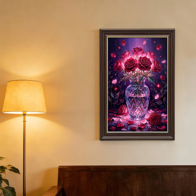 Art mural antique sur toile encadré doré pour le salon, la chambre à coucher, le bureau ou le vestibule - décoration murale décorative avec vase rose