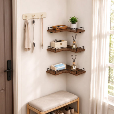 Ensemble de tablettes de rangement en L en bois avec garde-corps en métal et gestion des câbles pour le salon, la chambre à coucher, la cuisine, la salle de bain et le bureau, brun rustique