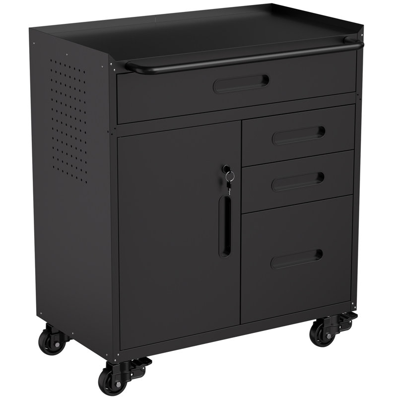 34.3" Mobile Tool Storage Cabinet - Garage Organizer With Lockable Compartment & 4 Drawers, Rolling Steel Chest For Workshop And Home Garage