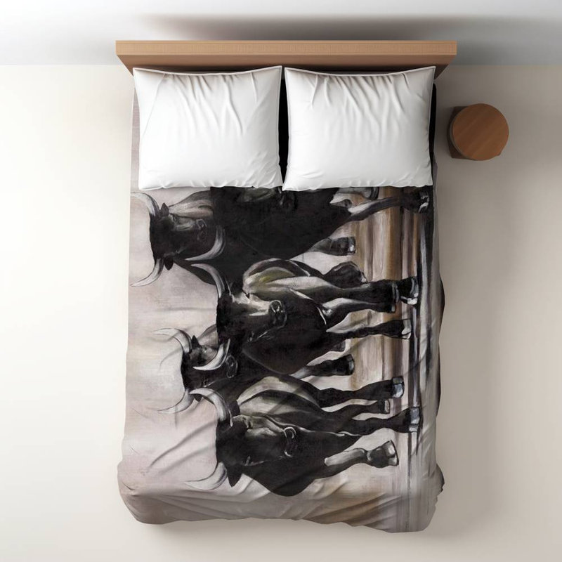 Polyester Sateen Duvet Cover, Twin Duvet, Brown Group Of Running Bulls