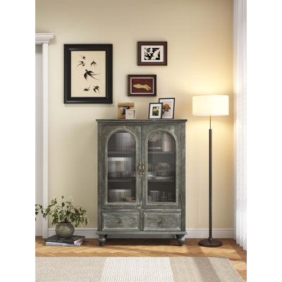 Armoire de rangement Vintage Farmhouse avec 2 portes en verre et 2 tiroirs, buffet autoportant rustique pour la cuisine et la salle à manger