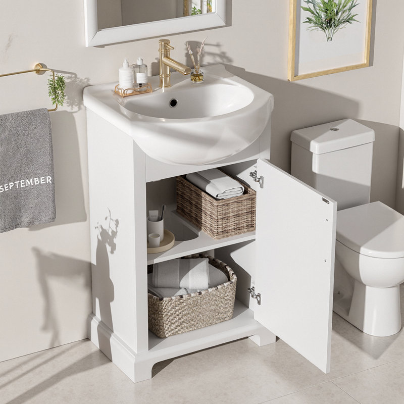 Meuble-lavabo sur pied bleu avec lavabo en céramique, Blanc