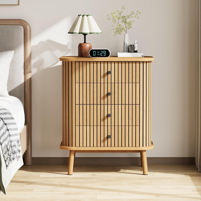 Commode 4 tiroirs, commode pour chambre à coucher, table de chevet, commode spacieuse en osier avec rangement