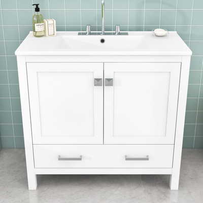 Meuble-lavabo en bois avec lavabo en céramique, tiroir de rangement et tablettes
