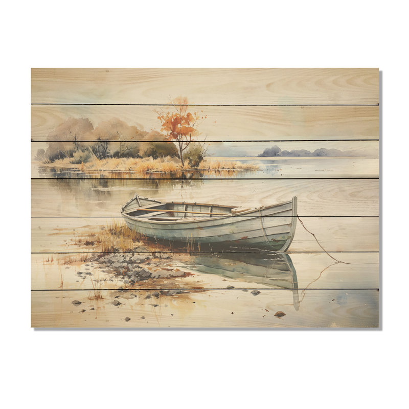 «Blue and Orange Autumn Tranquility», bateau de pêche sur bois, H 24 po x l 32 po