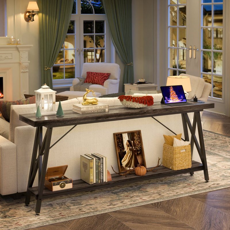 70.9'' Console Table with Charging Station, Black Oak