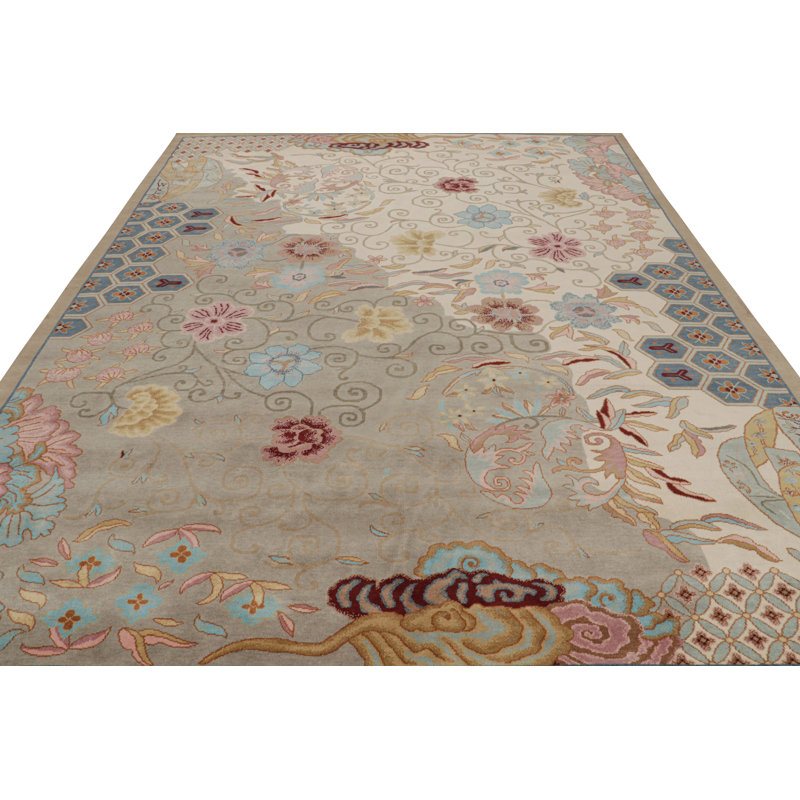 Rug & Kilim’S Chinese Art Deco Rug In Beige With Colorful Floral Patterns, Rectangle 8' x 10'
