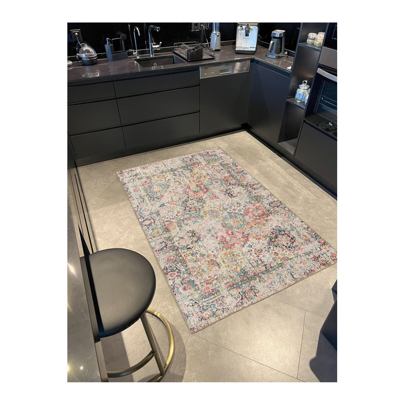Tapis crème lavable à la machine à motif géométrique crème, Sous-tapis rectangulaire 2 pi 6 po x 4 pi 11 po