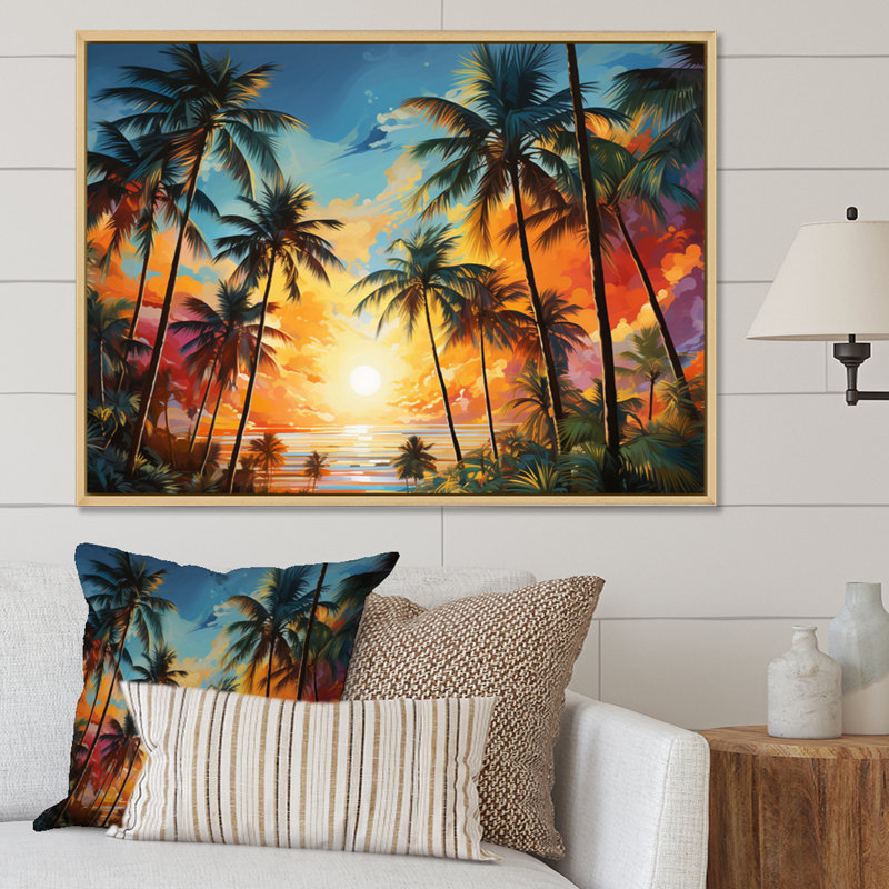Collage de palmiers colorés VI - reproduction sur toile, H 30 po x l 40 po x P 1,5 po, Cadre naturel flottant