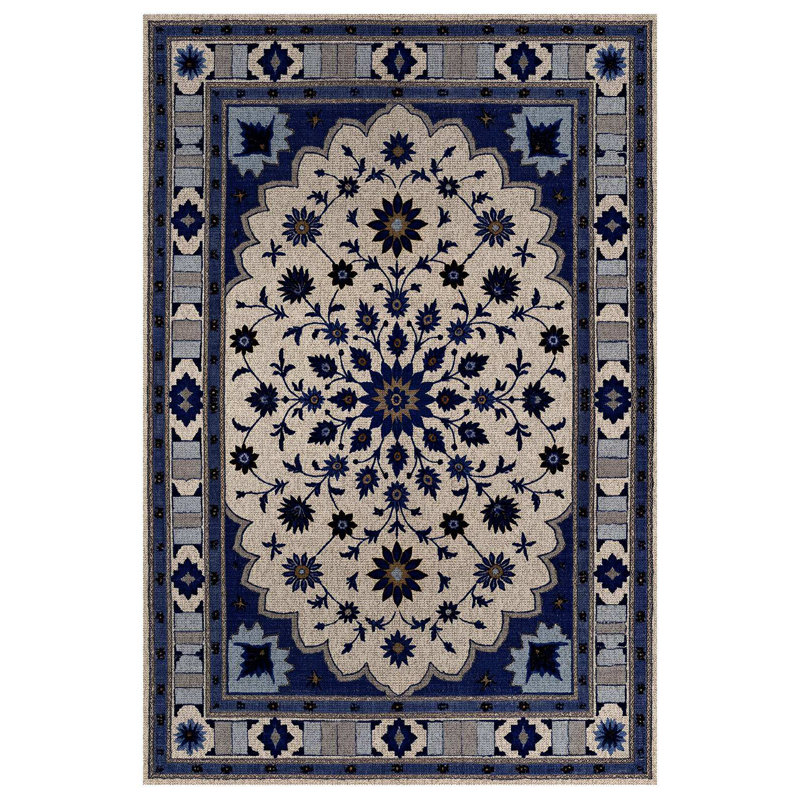Armend Collection Digital Print Cotton-Polyester Navy Floral Rug, Rectangle 3'4" x 5'