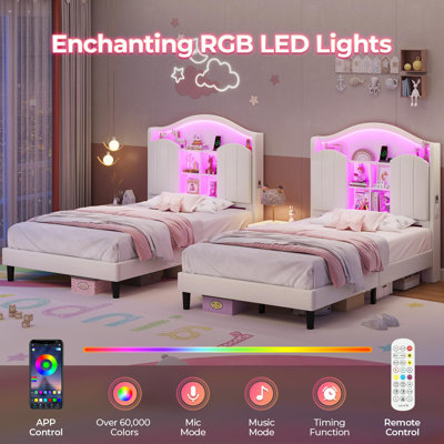 Lit simple avec tête de lit tapissier avec rangement, lit plateforme simple avec lumières à DEL et station de charge Princess, sans sommier, sans bruit