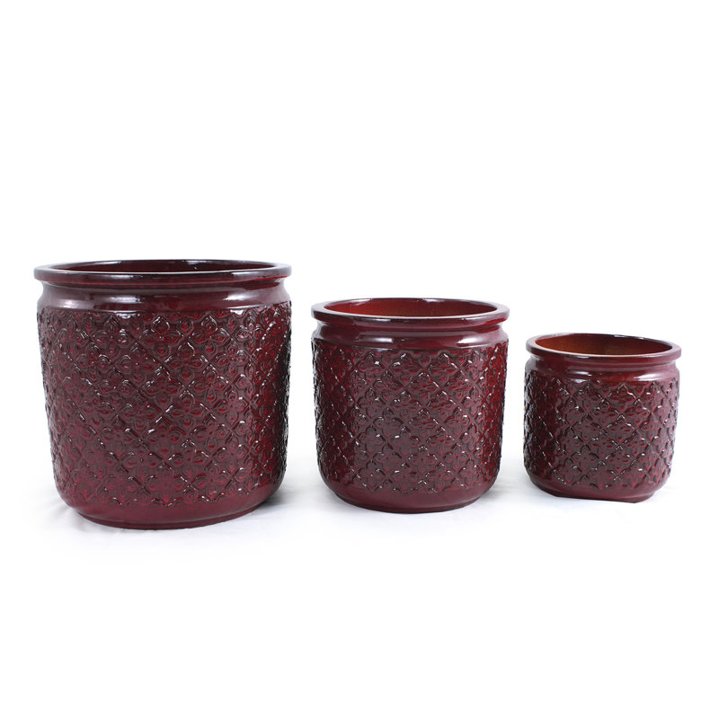 Flower Ceramic Flowerpot, Bean Paste Red