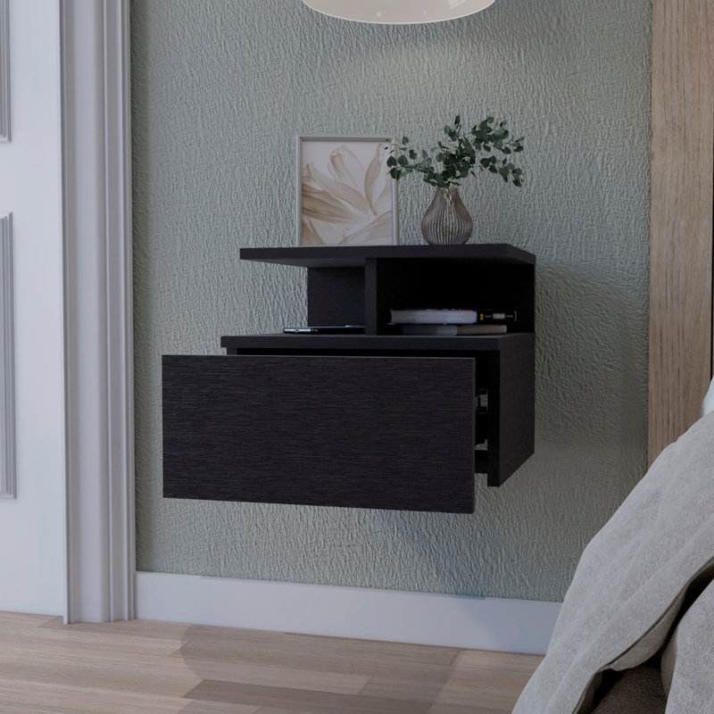 Table de chevet 1 tiroir noir avec 2 tablettes intrigantes pour le rangement, Noir