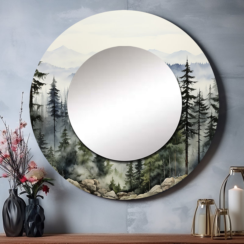 Pin, Misty Mountain I - miroir décoratif en pin, grand miroir mural rond traditionnel, impression d'art en métal