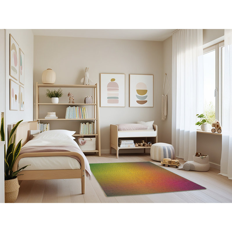 Tapis jaune/vert/rose à motifs, Rectangle 3 pi x 5 pi