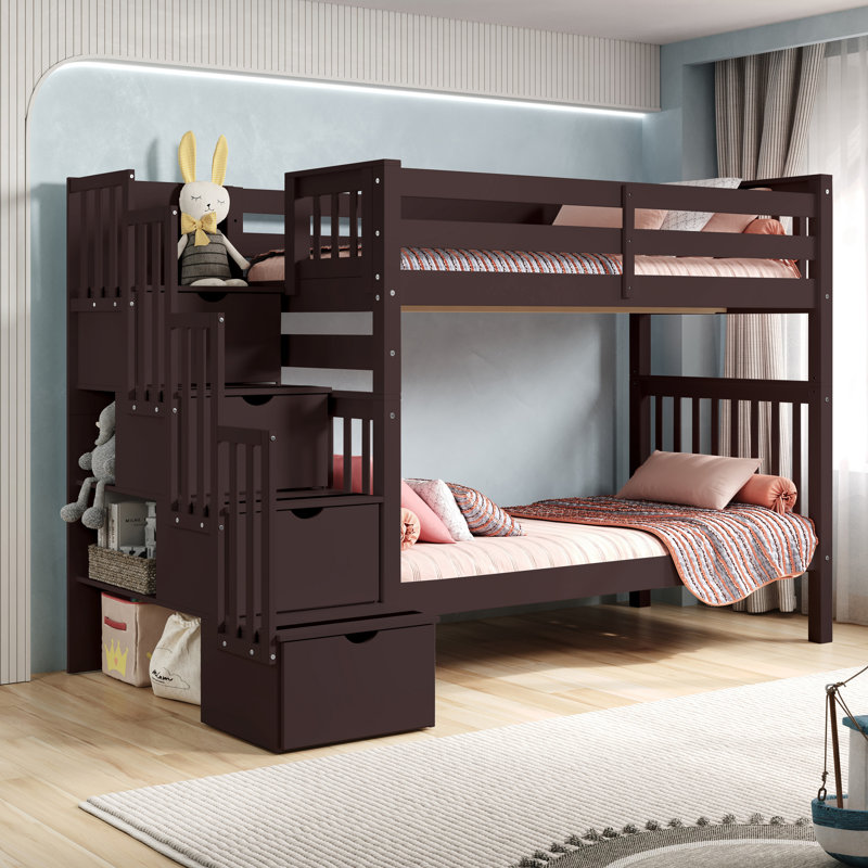 Tena Tall Solid Wood Standard Stairway Bunk Beds Twin over Twin, 4 Drawers in the Steps, Dark Cherry, Dark Cherry