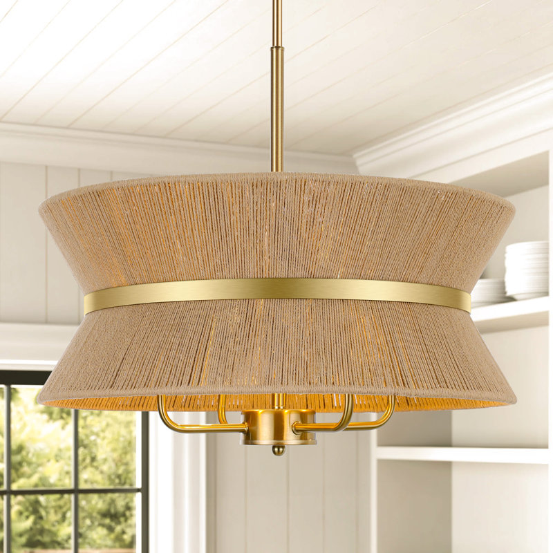 4- Light 19.6” Dimmable Hand Woven Drum Chandelier With Hemp Rope Shade