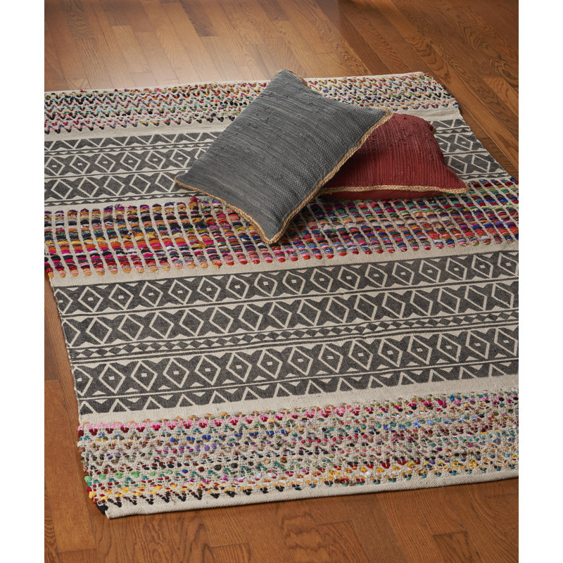 Tapis gris tissé à plat à la main style sud-ouest Chindi, Rectangle 3 pi x 5 pi