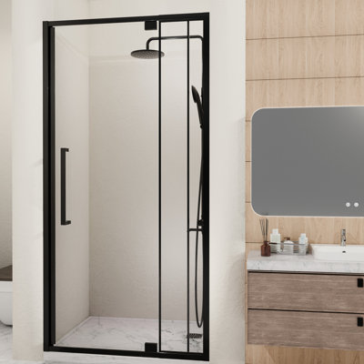Porte de douche à charnière en verre 72 po Large, en verre trempé de 6 mm de 1/4 po, noir mat, réversible, rails télescopiques pour différents espaces muraux