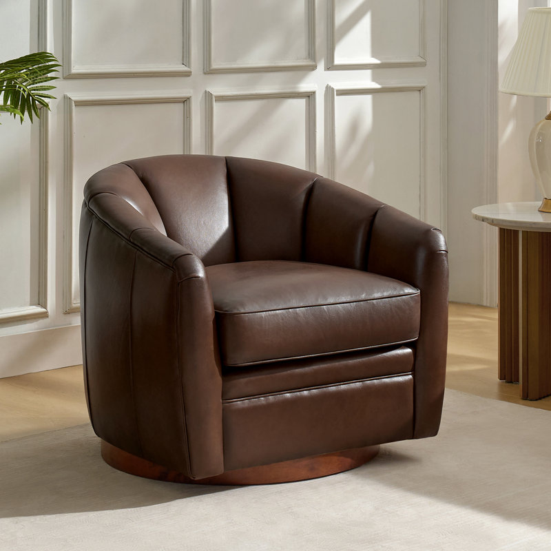 Chaise pivotante en cuir 29,25 po Guarracino avec base en bois massif, Chameau