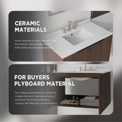 Meuble-lavabo suspendu de 91 cm avec lavabo, porte à fermeture amortie, comptoir et dosseret en marbre synthétique blanc de Carrare de 1,5 cm d'épaisseur, contreplaqué