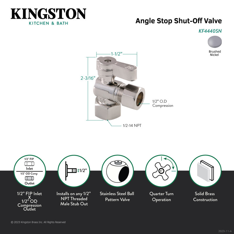 Kingston Brass 1/2-Inch FIP x 1/2-Inch OD Comp Quarter-Turn Angle Stop Valve, Brushed Nickel