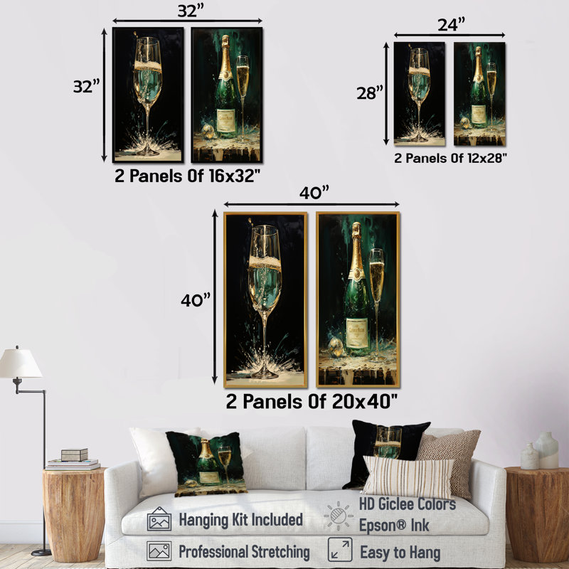 «Gold and Emerald Champagne Dream», ensemble d'art mural sur toile champagne, Toile tendue, H 32 po x l 33 po