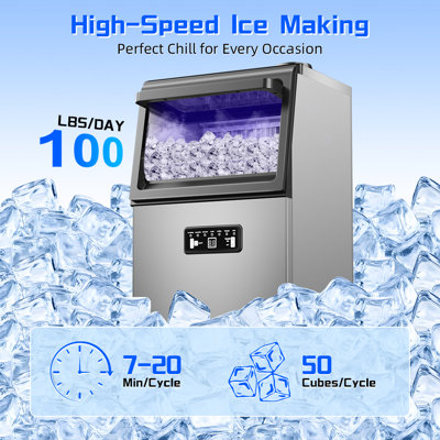 13.78" W 110 lbs/day Full‑Size Cube Ice Maker in Stainless Steel Commercial Grade Freestanding/Built‑In with 2 Water Inlets