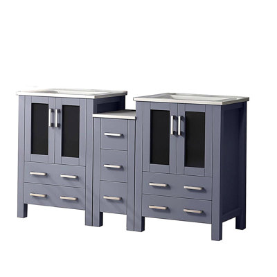 Double cuve avec armoire latérale et plateau en céramique blanche