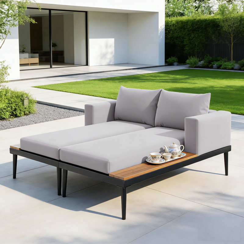 Carrboro Black Aluminum 2-In-1 Outdoor Daybed With Acacia Wood Trays & 3.9" Thick Cushions, Gray Cushion/Black Frame