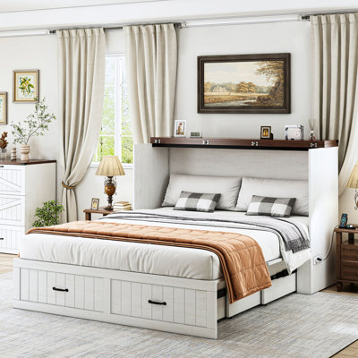 Murphy Bed With Storage & Charging Station, Farmhouse Murphy Cabinet Bed With Large Drawer, Hideaway Foldable Platform Bed For For Guest Room, Bedroom, Home Office, Space-saving, Mattress Not Included