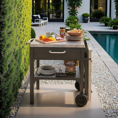 Foldable Outdoor Kitchen Cart With Stainless Steel Top For Bbq And Patio Use