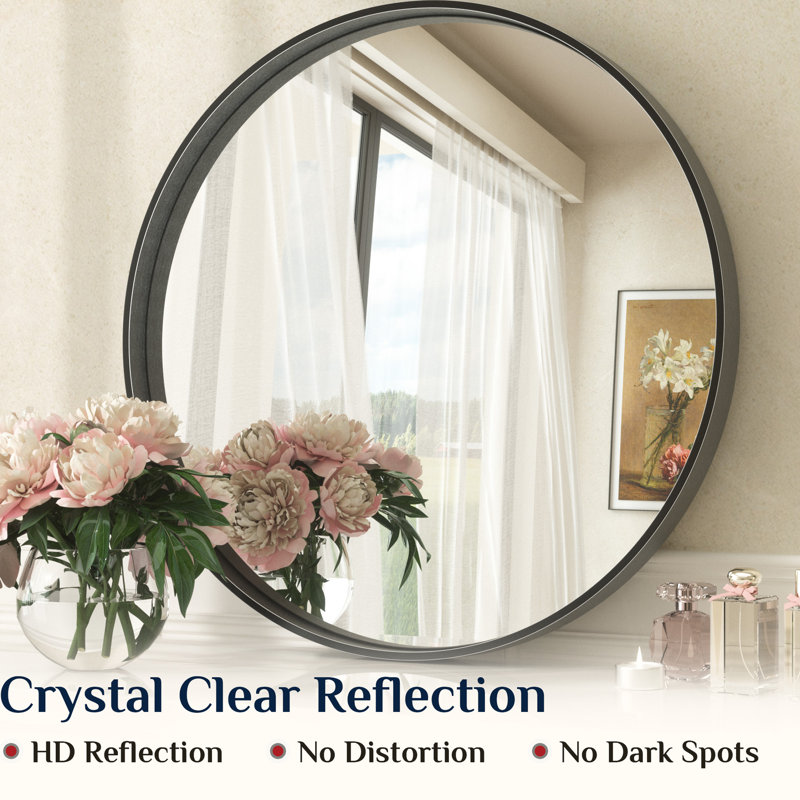 Puttnam Modern Round Bathroom Mirror with 2" Aluminum Alloy Frame, Shatter-proof Film, French Cleat Mounted, 24" x 24", Black