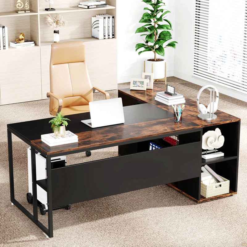 Bureau de direction en L 71 po avec armoire de rangement et tablettes, grand bureau d'ordinateur industriel à domicile, poste de travail professionnel avec meuble pour imprimante et support pour unité centrale, brun rustique et noir