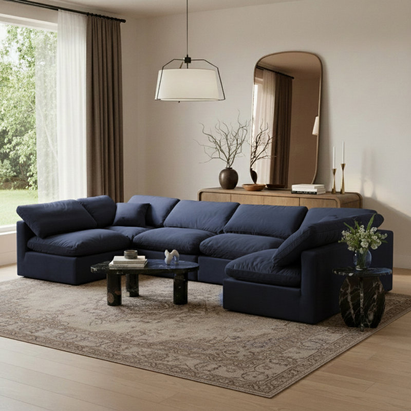 Hinami Velvet U-Shaped Sectional Reversible, Navy Velvet