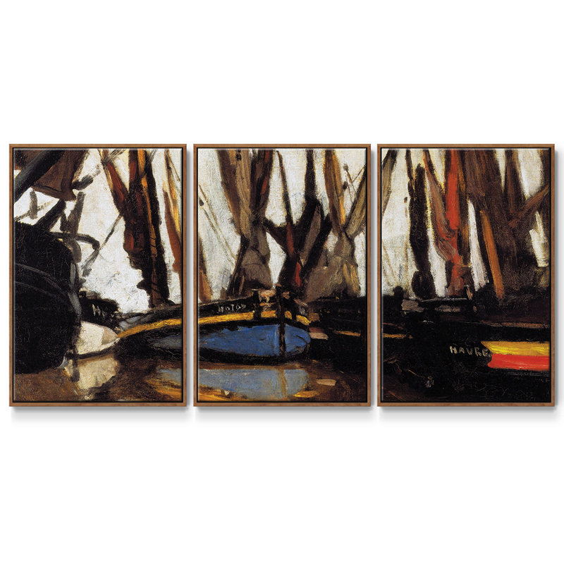 " Fishing Boats (Study), 1866 " 3 - Pieces, Walnut Framed, 36" H x 75" W x 2" D