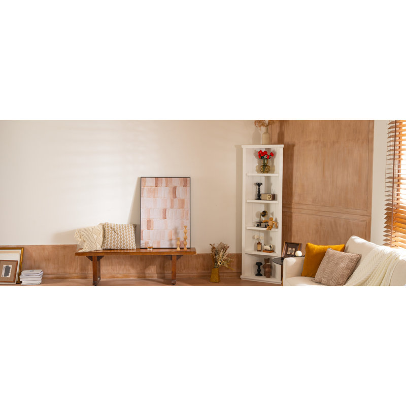 Bibliothèque blanche à 5 côtés triangulaires pour salle de bain et bureau à domicile avec structure de deux grandes bibliothèques de 73,26 po présentant des trophées