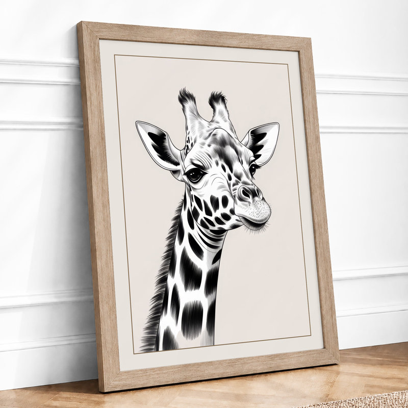 Giraffe in Ink Japandi - Framed Print, Oak, A4 - 29.7 x 21.0 cm
