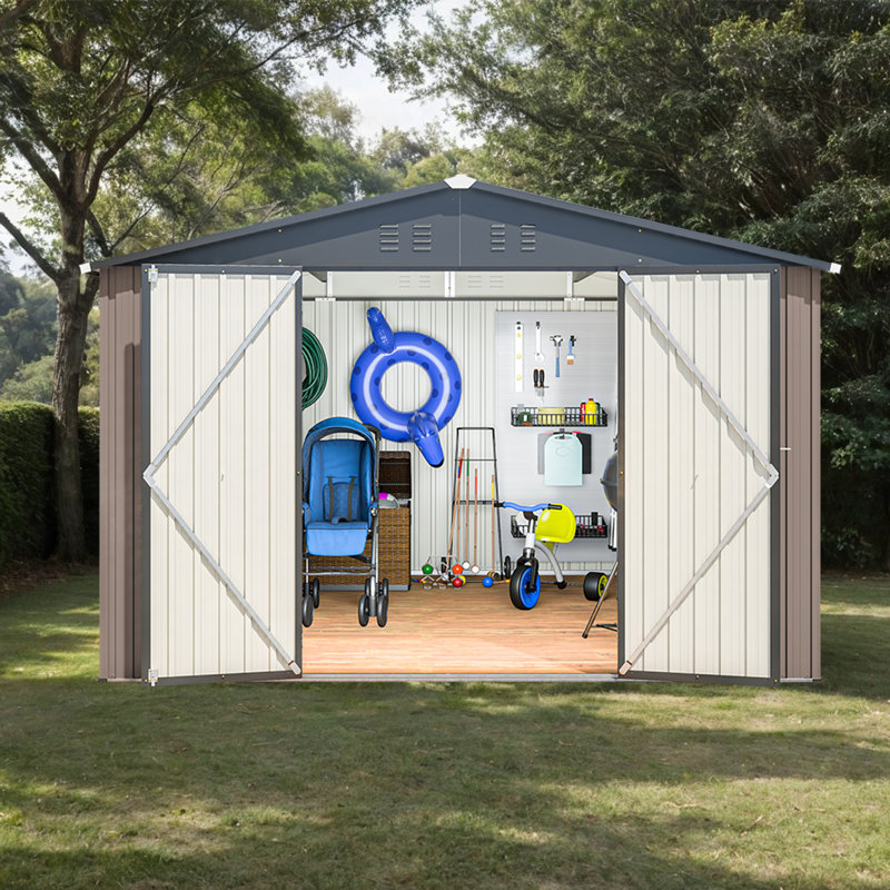 Remise de rangement extérieure en métal 10 x 8 pi avec portes verrouillables, H 79,22 po x l 113,71 po x P 117,7 po, Brun