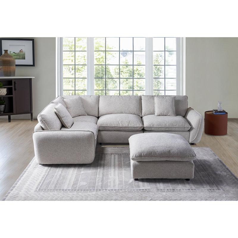 Upholstered 5 Piece Sectional Sofa Cloud Couch With Movable Ottoman, Light Gray Polyester