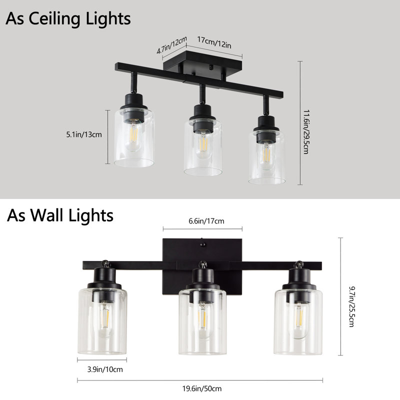 3 - Lights Semi Flush Ceiling With Adjustable Heads And Clear Glass Shades, Suitable For Dining Room, Living Foyer Black Color, Dimmable, Easy Installation Mounted Lighting Glass, For Indoor Areas