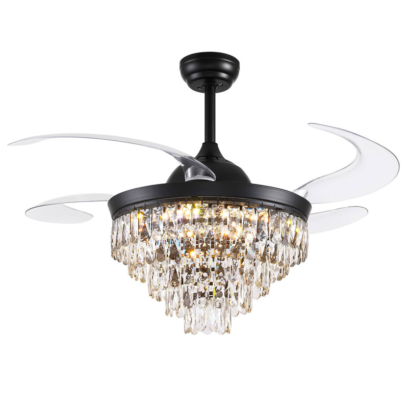 48'' Retractable Crystal Ceiling Fan With Led Lights & Remote Control, Black