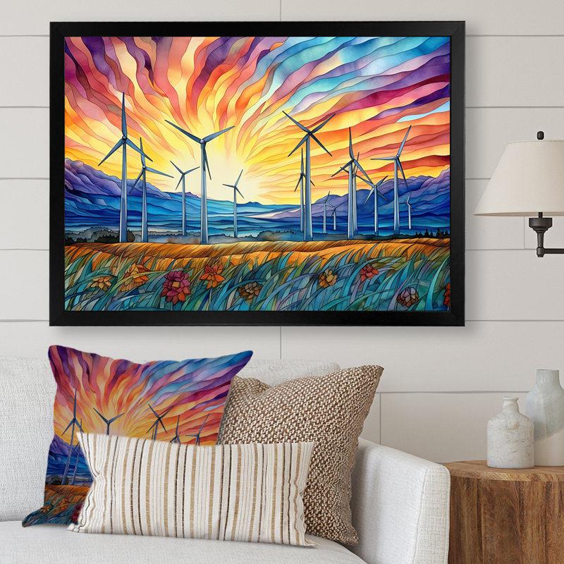 Éoliennes au lever du soleil, H 34 po x l 44 po x P 1,5 po, Cadre simple noir